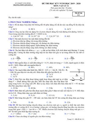 Đề thi học kỳ I môn Vật lý Lớp 11 - Mã đề 111 - Năm học 2019-2020 - Trường THPT Kim Sơn A